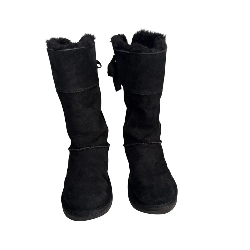 Koolaburra By UGG Boots Womens Size 8 Black Suede Mid Calf Faux Fur Lined Bow